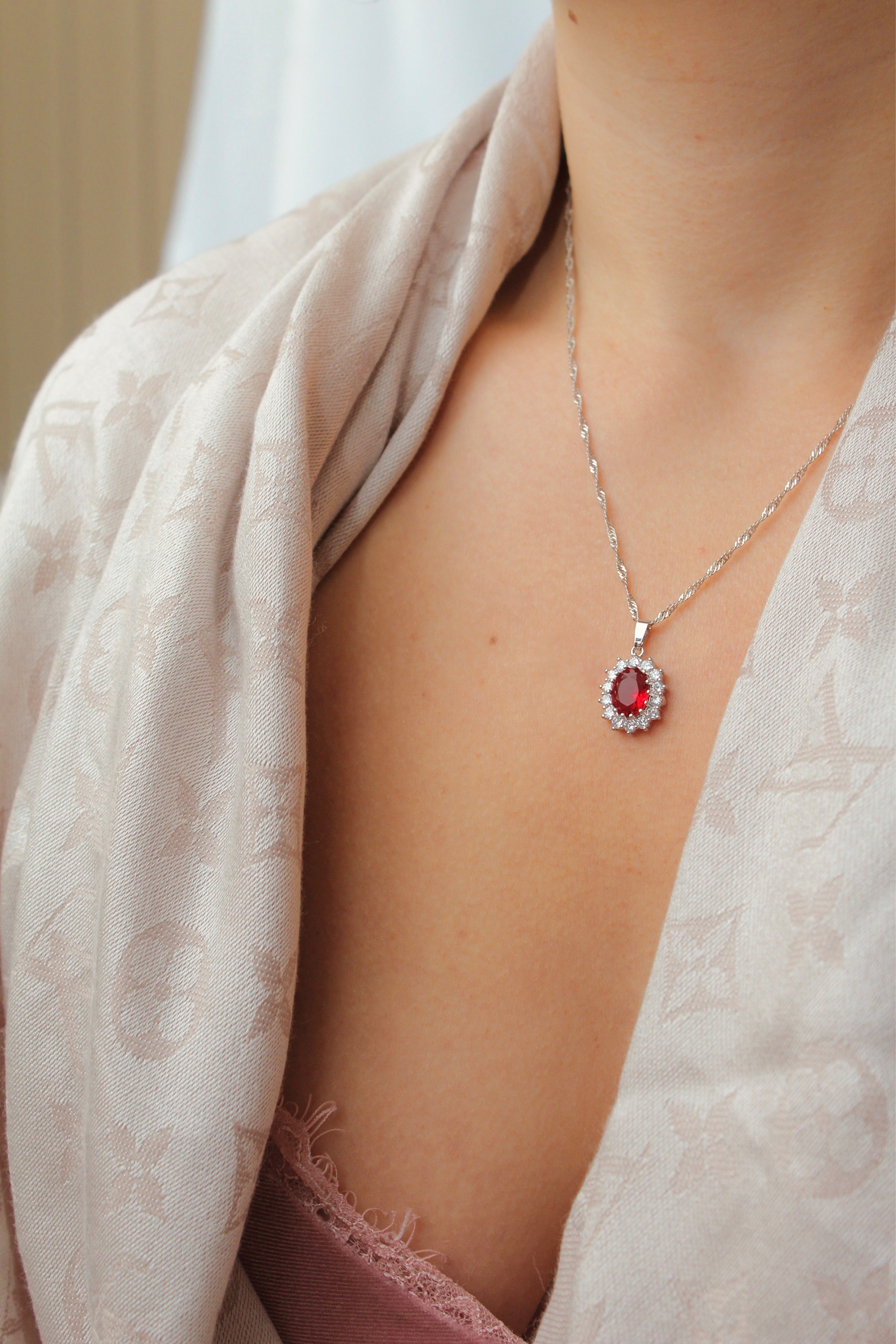 Ruby silver plated necklace on model